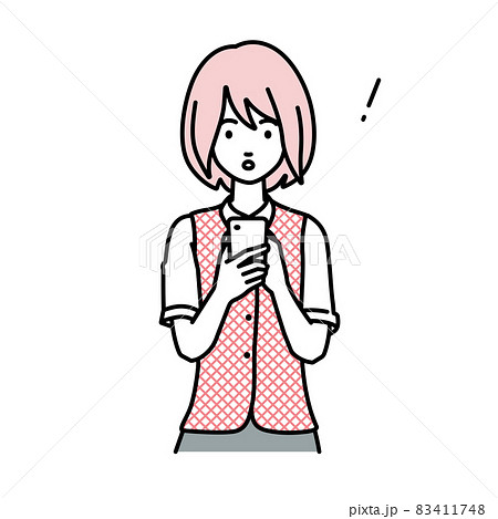 立ってスマートフォンを操作して何かに気づいて驚いた事務員制服の女性 83411748
