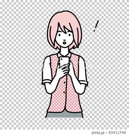 立ってスマートフォンを操作して何かに気づいて驚いた事務員制服の女性 83411748