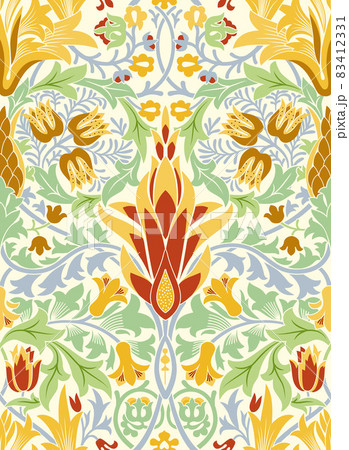 Floral seamless pattern with a large red flower in the center on light background. Pastel colors. Vector illustration. Floral seamless pattern with a large red flower in the center on light background. Pastel colors. Vector illustration. 83412331