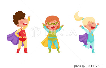 Cute Boy and Girl Wearing Superhero Costume Pretending to Have Super Power Vector Set 83412560