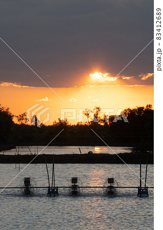 Sunset of a baler turbine installed in fish ponds to increase the oxygen in the water. 83412689