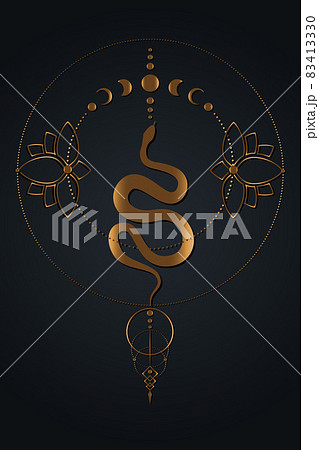 Magic mystic Snake, Moon Phases. Sacred geometry, gold luxury pagan Wiccan goddess symbol. Old golden wicca banner sign, Lotus flowers energy circle, boho style, vector isolated on black background Magic mystic Snake, Moon Phases. Sacred geometry, gold luxury pagan Wiccan goddess symbol. Old golden wicca banner sign, Lotus flowers energy circle, boho style, vector isolated on black background 83413330