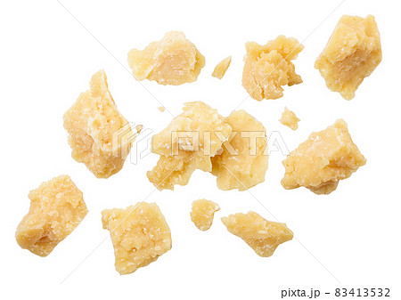 Parmesan cheese drops on a white background, levitating cut parmesan. Isolated Parmesan cheese drops on a white background, levitating cut parmesan. Isolated 83413532