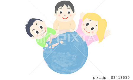 地球を眺める子供3人 イラスト かわいい 人物のイラスト素材