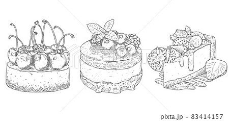 Set of three hand drawn sketches of different cheesecakes with fresh berries: blackberry, blueberry, strawberry and cherry. 83414157