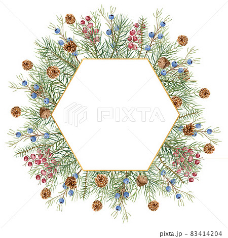 Christmas winter illustration. Polygonal frame with watercolor spruce twigs, cones, blue and red berries 83414204