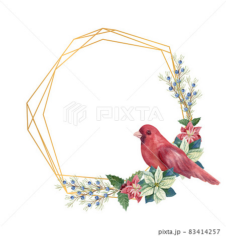 Christmas winter illustration. Polygonal frame with watercolor poinsettia flowers, fir twigs, red bird, cones, blue and red berries Christmas winter illustration. Polygonal frame with watercolor poinsettia flowers, fir twigs, red bird, cones, blue and red berries 83414257