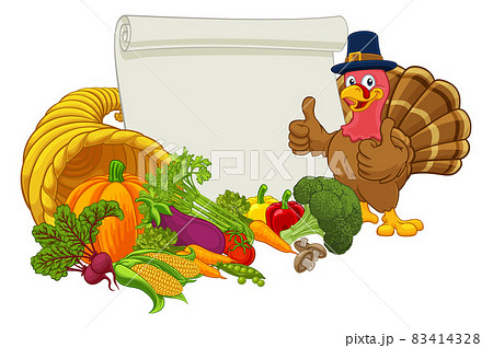 Turkey Cornucopia Thanksgiving Cartoon Scroll 83414328