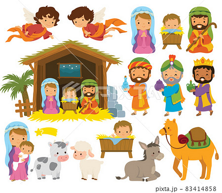 Nativity scene clipart set with cartoon baby Jesus, Mary, Joseph and the three wise men in Bethlehem. Nativity scene clipart set with cartoon baby Jesus, Mary, Joseph and the three wise men in Bethlehem. 83414858