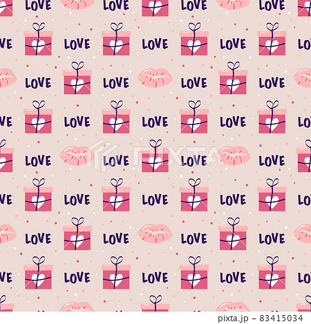 Cute pattern with gift box, lips and word love for valentine day. Festive print for wedding, anniversary and design. Cute pattern with gift box, lips and word love for valentine day. Festive print for wedding, anniversary and design. 83415034