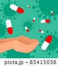 Pills falling with covid green background and coronaviruses 83415036