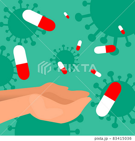 Pills falling with covid green background and coronaviruses Pills falling with covid green background and coronaviruses 83415036