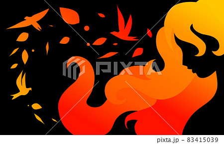 Sensual girl silhouette on black background with sunset colored hair and autumn leaves wind with birds Sensual girl silhouette on black background with sunset colored hair and autumn leaves wind with birds 83415039