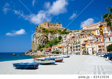 Fishing colorful boats on sandy beach, Scilla, Calabria, Italy 83415636