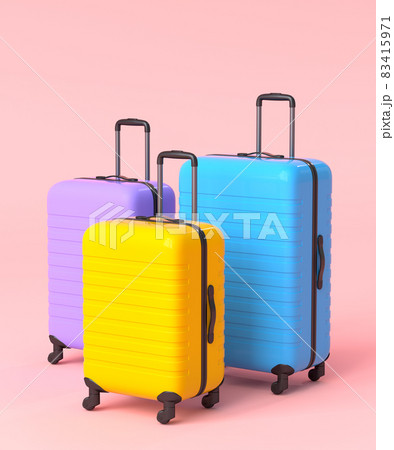 Colorful suitcase or baggage on pink background. 3D render of summer vacation concept and holidays Colorful suitcase or baggage on pink background. 3D render of summer vacation concept and holidays 83415971