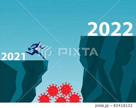 Businessman is jumping high across two cliffs to change year. Change year 2021 to 2022 after Covid 19, vector illustration 83418132