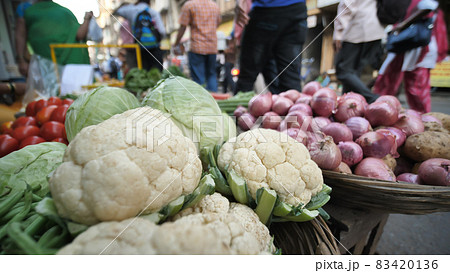 Vegetables market on the streets of Mumbai. Vegetables close-up. Vegetables market on the streets of Mumbai. Vegetables close-up. 83420136