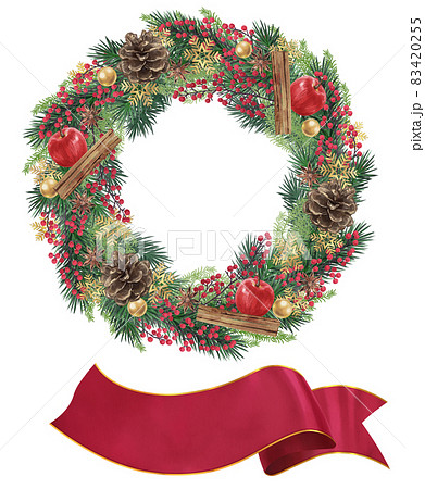 美しいクリスマスリースと帯状のリボンのイラストのセット のイラスト素材 4255