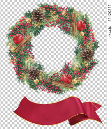 A set of beautiful Christmas wreath and striped ribbon illustrations 83420255