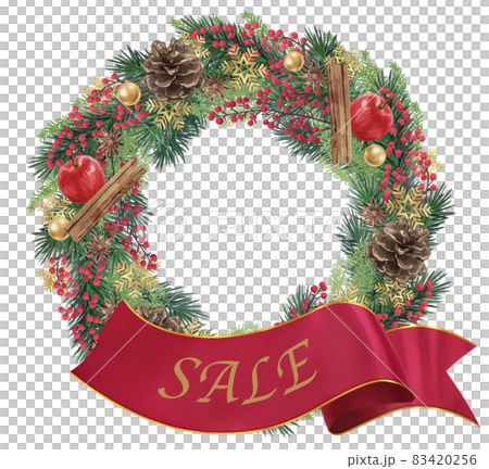 Illustration of a ribbon band with Christmas wreath and sale letters 83420256