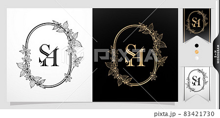 illustration of floral frame for SH or HS initial letter and graphic name, Monogram, for Wedding couple symbolic, company and icon business, with two colors variation designs monochrome and golds. illustration of floral frame for SH or HS initial letter and graphic name, Monogram, for Wedding couple symbolic, company and icon business, with two colors variation designs monochrome and golds. 83421730