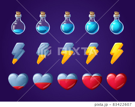 Game icons of heart, lightning and potion bottle 83422607