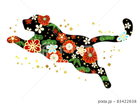 水彩風寅年年賀状向け花と虎のシルエット黒 83422638