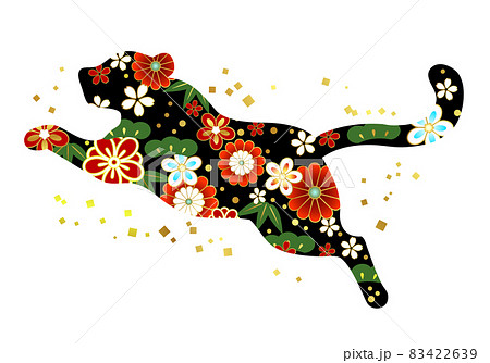 ノーマル寅年年賀状向け花と虎のシルエット黒 83422639