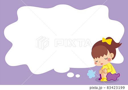 膝を抱えて座り込みため息をついている可愛い小さな女の子のイラスト　吹き出し　漫画　背景 83423199