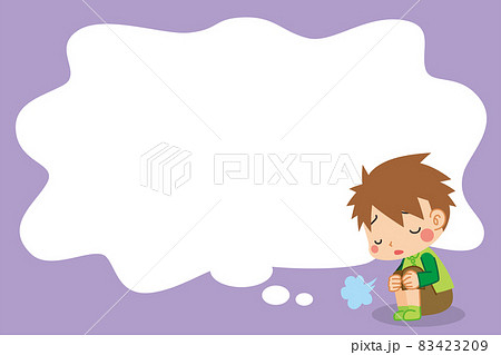 膝を抱えて座り込みため息をついている可愛い小さな男の子のイラスト 吹き出し 漫画 背景のイラスト素材 4239