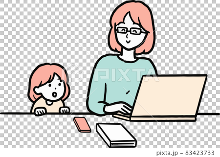 在宅ワークをする母親のイラスト素材 在宅ワークをする母親のイラスト素材 83423733