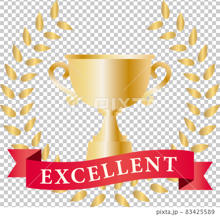 Trophy label with bay ring and red ribbon Trophy label with bay ring and red ribbon 83425589