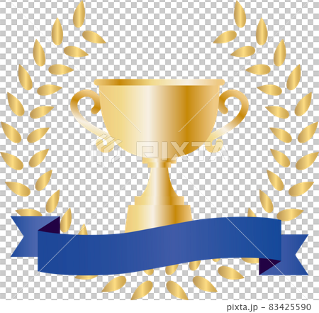 Trophy label with bay ring and blue ribbon 83425590