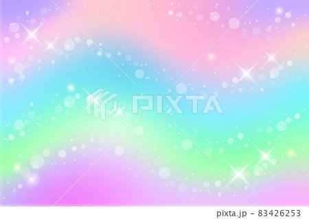 Rainbow fantasy background. Holographic illustration in pastel colors. Multicolored sky with stars and bokeh. Rainbow fantasy background. Holographic illustration in pastel colors. Multicolored sky with stars and bokeh. 83426253