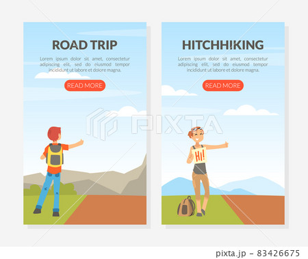 Hitchhiking or Thumbing with Man and Woman Character Stopping Car for Travelling Vector Landing Page Template Hitchhiking or Thumbing with Man and Woman Character Stopping Car for Travelling Vector Landing Page Template 83426675