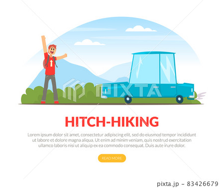 Hitchhiking or Thumbing with Man Character Stopping Car for Travelling Vector Landing Page Template Hitchhiking or Thumbing with Man Character Stopping Car for Travelling Vector Landing Page Template 83426679