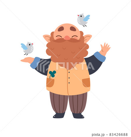 Cute Gnome Character with Beard Standing with Birds Fluttering Around Vector Illustration 83426688