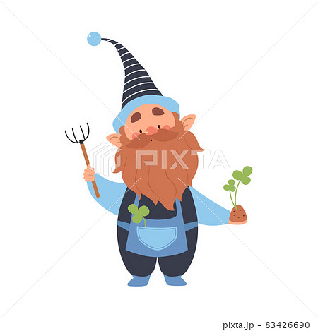 Cute Gnome Character with Beard in Pointy Hat with Rake and Trifoil Plant Vector Illustration Cute Gnome Character with Beard in Pointy Hat with Rake and Trifoil Plant Vector Illustration 83426690