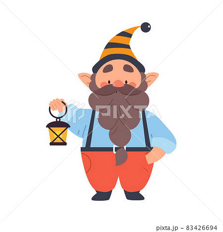 Cute Gnome Character with Beard in Pointy Hat Holding Lantern Vector Illustration 83426694