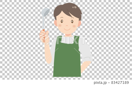 お玉を手にして笑顔のエプロン姿の男性 83427189