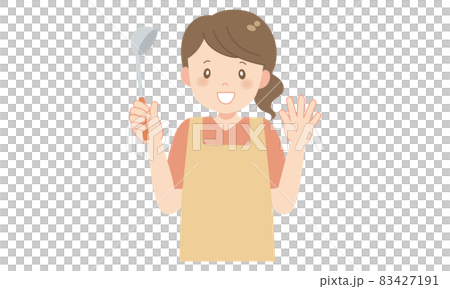A woman in an apron with a smile in her hand - Stock Illustration ...