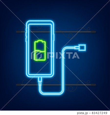 Smartphone charger adapter and electric socket, low battery notification. Neon icon. Vector illustration 83427249