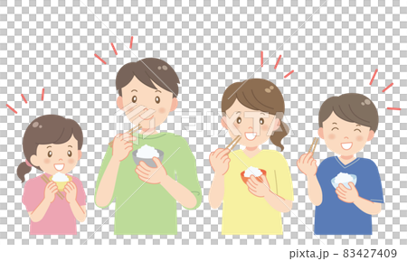 A family of four eating freshly cooked rice deliciously A family of four eating freshly cooked rice deliciously 83427409