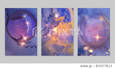 Set of marble patterns. Blue, violet and gold geode textures with glitter Set of marble patterns. Blue, violet and gold geode textures with glitter 83427813