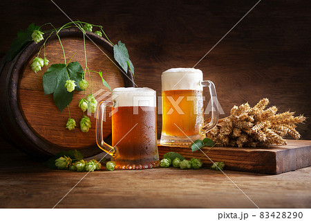 mug of beer, wheat ears, green hops and beer barrel 83428290