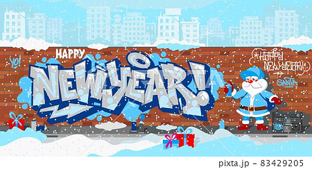 Cartoon Funny Hiphop Santa Claus Spraying Graffity Happy New Year Vector Illustration Art 83429205