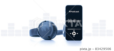 Podcast audio equipment. Audio microphone, sound headphones, podcast application on mobile smartphone screen. Recording sound voice on white background. Live online radio player mockup banner. Podcast audio equipment. Audio microphone, sound headphones, podcast application on mobile smartphone screen. Recording sound voice on white background. Live online radio player mockup banner. 83429506