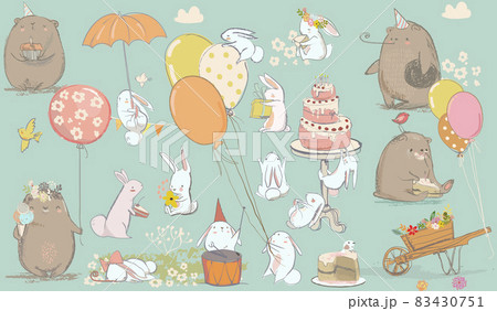 Birthday Card With Cute Bear And Hareのイラスト素材