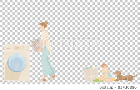 家庭主婦洗衣服的手繪水彩風格插圖 83430880