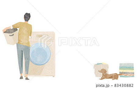 洗濯機を回す男性の手描き水彩風イラスト 83430882